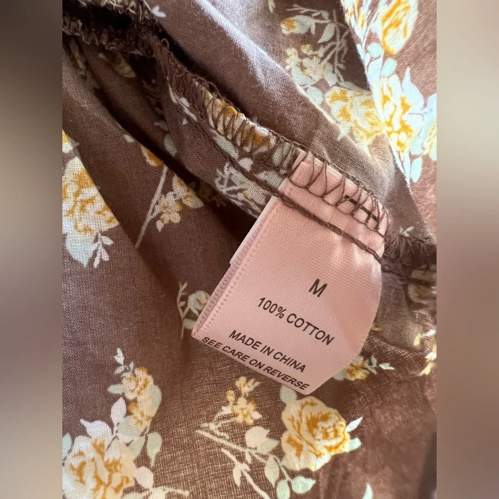 NWT Brown & Yellow Floral Smocked Long Puff Sleeve Women's Top. Size S.